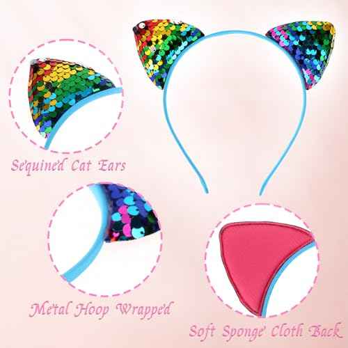 3 Pack Reversible Sequin Cat Ears Headband Glitter Sparkly Cat Hairbands Shiny Cute Kitty Headband Hair Metal Hoop Hair Accessories for Women Girls Daily Wearing and Party Decoration