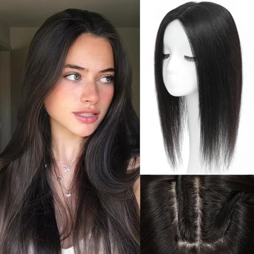 Rootoo Hair Toppers for Women Real Human Hair, 18 Inch Realistic Biological Scalp Topper Hair Pieces for Women with Thinning Crown with Middle Part Clip in Bangs Big Base 360¡Æ Cover (Black)