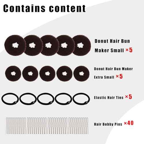 10 Pcs Hair Bun Maker - Donut Bun Maker for Hair(5 medium and 5 small),Ballet Bun for Women and Kids with Elastic Hair Ties, Hair Pins(Brown)