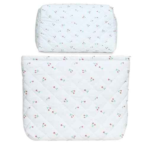 2 Pieces Portable Makeup Bag Travel Small Zipper Cosmetic Bags Organizer for Women Handbag Toiletry Storage Pouch Waterproof Quilting Purse,White Cherry