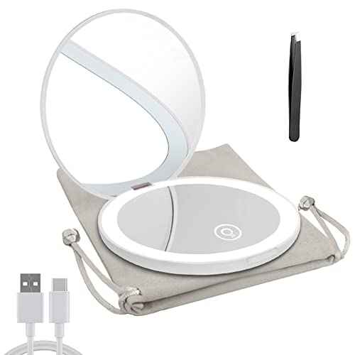 Compact Mirror with LED Light,1x/10x Magnifying Rechargeable Mirror,3.5in, Dimmable Travel Mirror for Purse,Pocket,Handheld 2-Sided Makeup Mirror