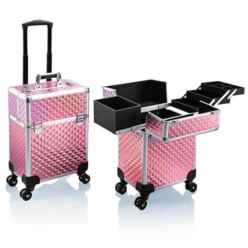 Stagiant Rolling Makeup Train Case Large Storage Cosmetic Trolley 4 Tray with Sliding Rail Removable Middle Layer with Key Swivel Wheels Salon Barber Case Traveling Cart Trunk