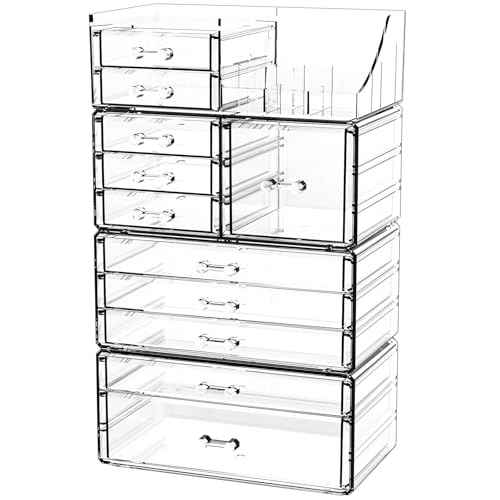 Acrylic Clear Makeup Organizer Countertop,Stackable Skincare Organizer for Vanity With 11 Drawer,Large Plastic Desk Accessories Organization,Bathroom Cosmetic Organizer Countertop for Beauty,Skin Care