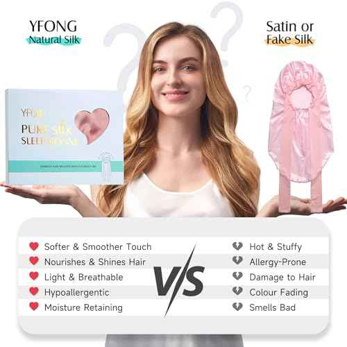 YFONG Double-Layered 100% Pure Mulberry Silk Bonnet for Long Hair, 22 Momme Silk Hair Bonnet for Sleeping with Elastic Tie Band, Real Silk Sleep Cap for Women Long Curly Hair, Pink