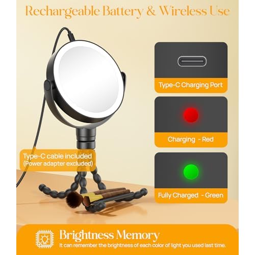 Gospire 5.85¡± Tripod Travel Makeup Mirror with Lights and Magnification 1X/10X, 4 in 1 Winding Hanging Handheld Tabletop, 3 Light Colors and Adjustable Brightness ? Black