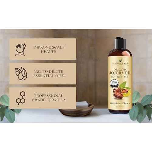 Handcraft Blends USDA Organic Jojoba Oil | Cold-Pressed | 8 Fl Oz | 100% Pure & Natural | for Hair, Skin & Face | Premium Grade Carrier Oil | for Massage & Aromatherapy | Hexane-Free
