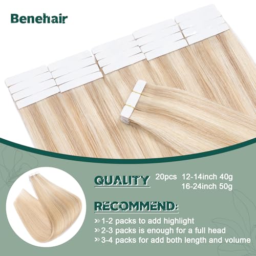 Benehair Remy Tape in Hair Extensions Human Hair Ash Blonde&Bleach Blonde Seamless Skin Weft Tape in Real Human Hair Extensions Straight Hair 22 Inch 50g #18P613 20 pcs