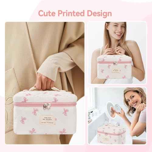 Large Travel Quilted Makeup Bag£¬Cute Bow Cotton cosmetic bag, Fashionable aesthetic makeup bag,Coquette Aesthetic Floral Travel Toiletry Bag for Women and Girls