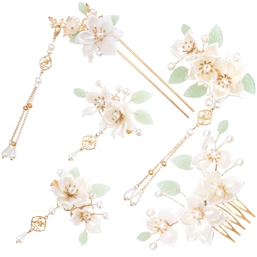 5pcs Camellia Flower Tassel Hair Pins, Vintage Chinese Rhinestones Pearl Hair Sticks, Floral Bun Updo Hair Comb Clip, Bridal Headpiece for Women Wedding, Parties - White