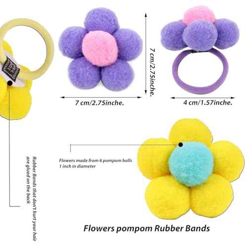 12pcs Flower Pom Poms Fluffy Ponytail Holders with Balls - Hair Accessories for Girls