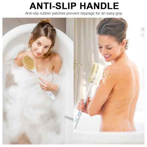 Back Scrubber for Shower with Long Handle, Exfoliating Bath Brush for Body - Double Sided Bristles (Stiff & Soft), Anti-Slip Grip, Lightweight - Gift for Seniors, Includes Lanyard & Hook, Blue