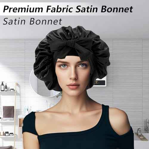 2 Pcs Satin Silk Bonnets for Women,Hair Bonnet with Tie Band,Silk Bonnet Sleeping Cap for Curly Hair,Black & Leopard