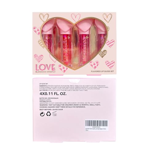 4pc Heart Charm Lip Gloss Stick for Girls - Glossy Fruity Lip Set | Non Toxic Party Favors, Teen Makeup Gift with Cute Topper (4 Pack)