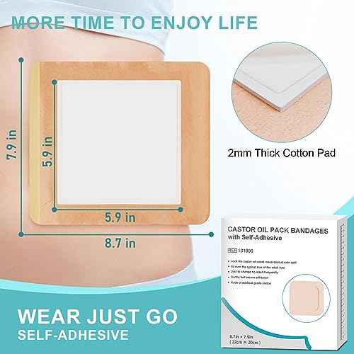 10Pcs Castor Oil Pack Wrap for Liver, Stomach, Belly Button | 8.7"*7.9" Organic Cotton Pads | Highly Absorbent Self-Adhesive Disposable Patches | No Wash, 100% Leak-Free(Oil Not Included) US Patented