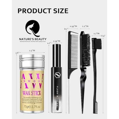 5Pcs Set: Hair Wax Stick, Hair Finishing Stick, Slick Back Hair Brush - Smooths Flyaways, Tames Frizz, Sleek Ponytails Buns - Taming Wand for Women Style Edges - Styling Accessories for Girls & Kids