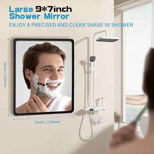 Fog Free Shower Mirror (9 * 7 inch) 3M Adhesive Anti-Fog Bathroom Wall Mirror, Fogless Shower Makeup Mirror for Shaving, Shatterproof Glassless Child Safe Mirror (Rectangular Black Frame)
