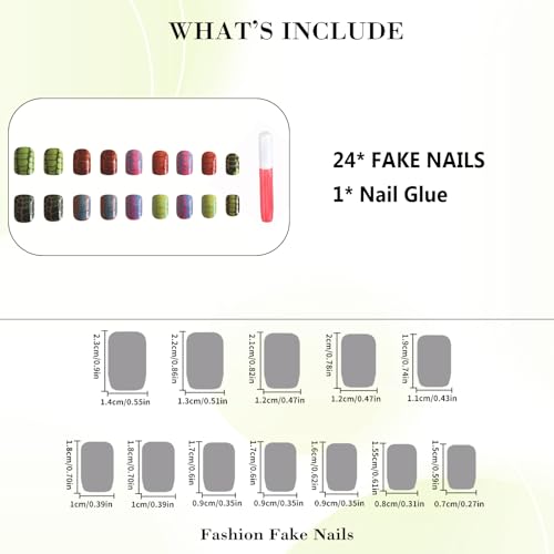 IMRAIN Short Press on Nails Square Colorful Fake Nails with Crocodile-Print Designs Glossy Full Cover Squoval Artificial Nails for Women 24Pcs Y2K Acrylic Nail Kit