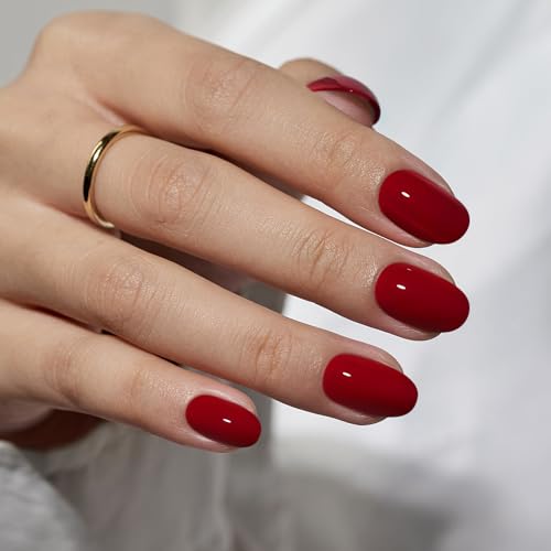 BTArtbox Press On Nails Short - Red Press on Nails Short Oval Nails Fall Fake Nail with Nail Glue, Fit Perfectly, Reusable Glue On Nails in 16 Sizes, Cardinal