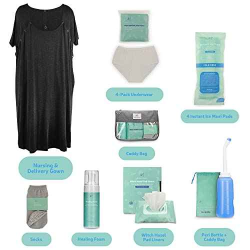 Mama & Wish¢ç Postpartum Essentials Kit (14-Piece) - Includes Hospital Post Partum Essentials for Women After Birth, Labor and Delivery Gown, Peri Bottle, Witch Hazel Foam, Pad Liners & More!