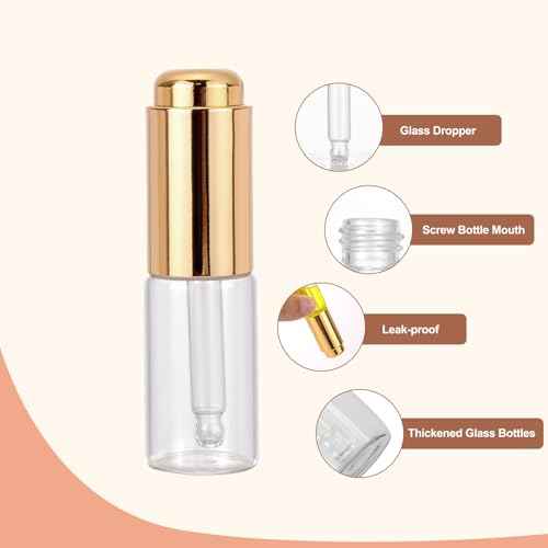 Ellbest 8Pcs 10ml Clear Press Dropper Bottles, Empty Refillable Essential Oil Bottles Container Perfume Cosmetic Bottle Travel Pressing Dropping Bottle, Gold Cap