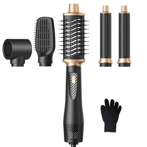 5 in 1 Blow Dryer Brush Set, 1000W Professional Hot Air Styler, Ionic Hair Dryer Brush, 3 Heat Settings, Auto Curling, Fast Drying, Ideal Hair Styling Tools Gift for Women, Black