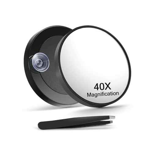 40X Magnifying Mirror with 2 Suction Cups, 3.5 inches Magnified Makeup Mirror and Slant Tweezers,Black,1PC