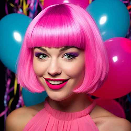Short Bob Hair Wigs Straight with Flat Bangs Synthetic Colorful Cosplay Daily Party Neon Wig for Women + Free Wig Cap 14" Natural As Real