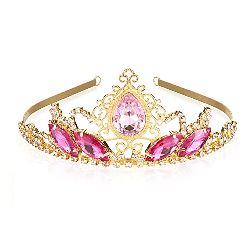 Pink Rhinestone Princess Tiaras Fairy Bridal Headpiece Birthday Halloween Gold Crown for Teen Girl