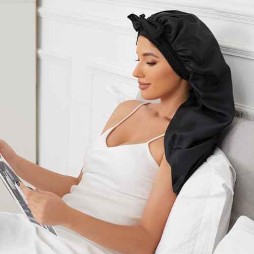 Long Satin Bonnet for Sleeping, Satin Lined Braid Bonnet with Elastic Band, Adjustable Long Strap Bonnets for Women Braids Dreadlock Curly Hair(Black)