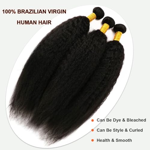 Yaki Straight Bundles Kinky Straight Human Hair 12A 100% Unprocessed Brazilian Virgin Hair for Black Women - Natural Black Hair Extension 14 16 18 Inch
