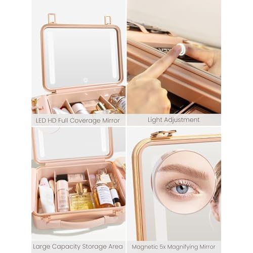ROWNYEON Light Up Travel Makeup Case With Mirror - Portable Makeup Organizer and Train Case for Makeup Artists and Girls (Pink)