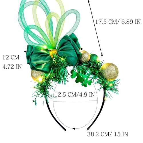 Light Up Balls Headbands LED Green Shamrock Clover Hairbands Xmas Hat Bow Hair Hoops St. Patrick's Day Head bands for Fashion Party Holiday Costume