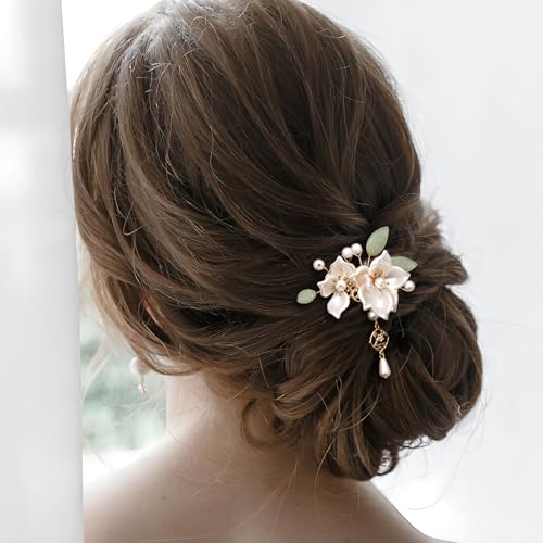 5pcs Camellia Flower Tassel Hair Pins, Vintage Chinese Rhinestones Pearl Hair Sticks, Floral Bun Updo Hair Comb Clip, Bridal Headpiece for Women Wedding, Parties - White