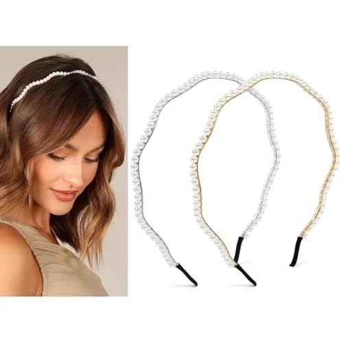 TERSE Metal Headbands for Women Cute Wave Pearl Headbands for Women's Hair Fashion Designer Headband Elegant Bridal Headband for Wedding Trendy Hair Accessories 2Pcs