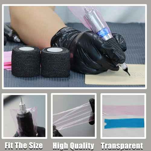 Large Pen Bags with Grip Tape Wraps - NAQASE 200pcs Pink Large Machine Pen Covers Pen Sleeves Covers Wrap and 3pcs Bandages Elastic Grip Tape Wraps