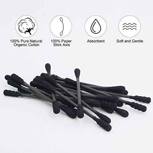 Black Cotton Swabs Spiral - 600 Count Organic Cotton Buds Double Side Tightly Wrapped Charcoal Cotton Tips Paper Stick Soft Gentle Lint-Free Cruelty-Free Goth Bathroom, Round & Spiral (Black)