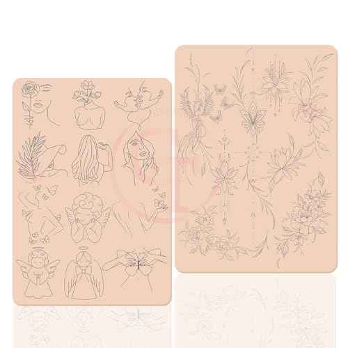 3pcs Professional Double-Sided Tattoo Practice Skin, Pink Silicone Pad with Pre-Printed Light Gray Outlines for Beginners & Artists, Reusable, Realistic Texture for Tattoo Training & Needle Technique