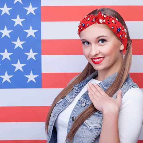 2pcs 4th of July Headband for Women Red and Blue Pearl Knotted Headband American Patriotic Element Pearl Rhinestone Jeweled Hairband Fourth Band American Independence Day Hair Accessories Gifts