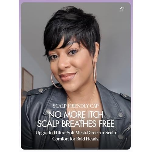 LUVME HAIR Ultra Comfort Throw On & Go Short Pixie Cut with Bangs 5 Inches Skin Friendly Cotton Cap 100% Real Human Hair Glueless Wig Glueless Wig Hair Loss Friendly Full Machine Made 22.5 Wig Cap