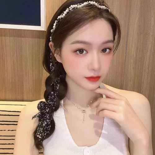 Long Hair Ribbons for Women Girls Flower Pearl Headband Hairband for Thick Thin Hair Elegant Bow Hairbands Non Slip Head Scarf Bands for Teen Girl Ponytail Hairclip Fashion HairAccessories for Women