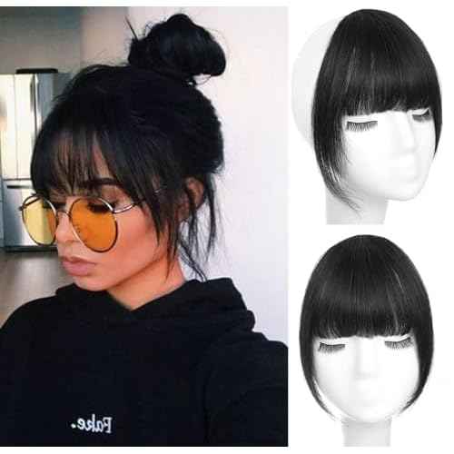 ORIGEN Clip in Bangs Real Human Hair Clip on Wispy Bangs Fringe with Temples Hairpieces Fake Front Bangs Extensions for Women Jet Black Color