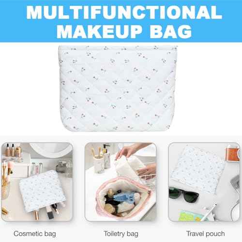 2 Pieces Portable Makeup Bag Travel Small Zipper Cosmetic Bags Organizer for Women Handbag Toiletry Storage Pouch Waterproof Quilting Purse,White Cherry