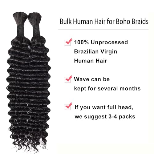 28 Inch Human Braiding Hair for Boho Braids Human Hair 100g 2 Bundles Deep Wave Bulk Human Hair for Braiding No Weft Curly Braiding Hair Bulk Hair Extensions Real Human Hair Natural Color