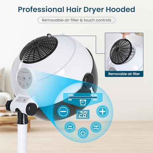 Hooded Hair Dryer, Professional Hood Dryer on Wheels, Sit Under Dryer, Standing Hair Dryer, White