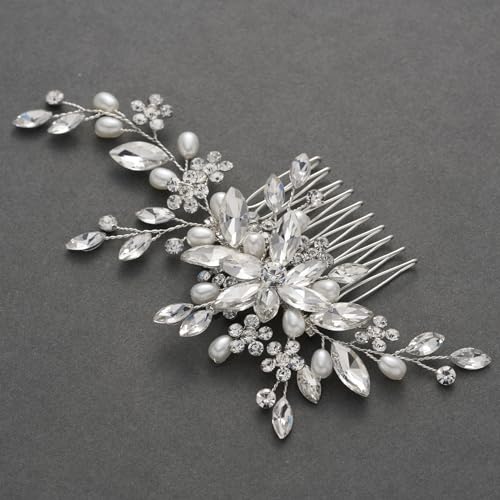 SWEETV Wedding Hair Comb Pearl Bride Hair Pins Flower Hair Piece Rhinestone Bridal Hair Accessories for Women and Girls