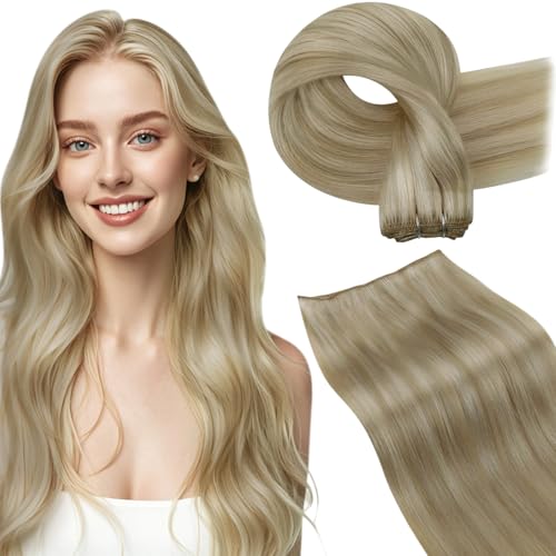 LaaVoo Weft Hair Extensions Human Hair 20 Inch Sew in Hair Extensions Gloden Brown Highlights Light Blonde Hair Human Hair Weft Extensions Long Straight 100g