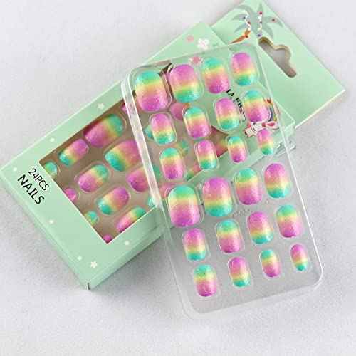 24 Pcs Rainbow Kids Press on Nails Pre-glue Children False Nails Short Oval Full Cover Artificial Fake Nails Gradient Glitter Acrylic Nail Tips for Little Girls Gift (Rainbow Pink)