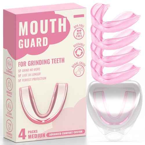 4 Pack Pink Mouth Guards for Women and Teens, Medium Size, Moldable Night Guards for Teeth Grinding and Clenching, Comfortable Bite Guards, Stylish Custom Dental Guards for Protection