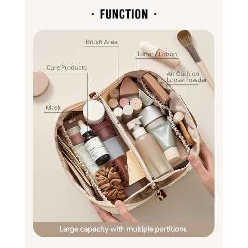 EACHY Travel Makeup Bag, Large Capacity Cosmetic Bags for Women, Waterproof Portable Pouch Open Flat Toiletry Bag Pattern Make up Bag (F-Beige)