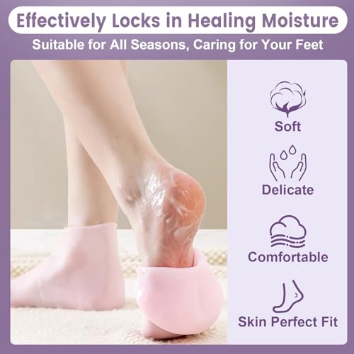 2 Pairs Silicone Socks for Dry Cracked Feet, Women's Foot Socks for Moisturizing (Pink & Beige, Fits Up to Size 9)